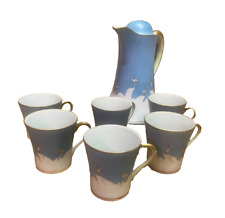 1920s Blue Nagoya Nippon Seven Lucky Cranes Coffee/Chocolate Set Pitcher 6 Cups picture