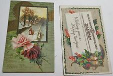 2 Vintage New Year Greetings Postcards Card Ephemera Embossed Roses Holly picture