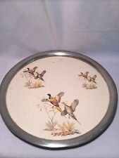 Vintage Pewter & Porcelain  Round Pheasants Serving Tray 13” Decor picture