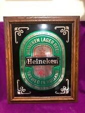 Heineken Lager Framed Picture Mirror Advertizing Bar Decor Mens Cave Wood Vtg  picture