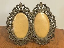 Vtg Fancy Ornate Cast Metal Brass Color Double Picture Photo Frame w/ Back Stand picture