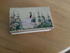 Vtg 1940s Box Metal Painted Woman Among the Hollyhocks Off White Hinged picture