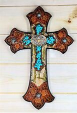 Ebros Western Turquoise Rocks Longhorn Concho Tooled Leather Finish Wall Cross picture