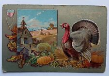 Antique 1909 Thanksgiving Greetings Turkey Farm Pumpkins Hay Posted Postcard picture