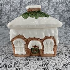 Vintage Christmas Ceramic Cookie Jar Snow Covered House Cottage Glossy Finish picture
