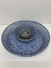 Unique vtg Blue Beaded metal wire bowls Basket (6 & 13”) and Tea-light holder picture