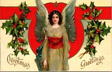 Christmas Greetings Postcard Beautiful Angel Woman with Holly picture