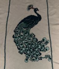 Vintage Hand Knit Crocheted Border Wool Cotton Twin Blanket Throw Peacock 48x60” picture