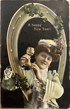 New Year Pretty Lady Lucky Horseshoe Antique Postcard c1910 picture