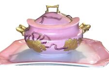 T&V Limoges Hand Painted Pink Sugar Bowl With Lid Signed M.R. With Tray picture