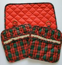 Vintage Potholder Set 3 Red Green Plaid Quilted Lace Pockets Squares Christmas picture
