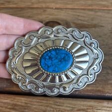 Silver Tone and Faux Turquoise Blue Cabochan Western Concha Belt Buckle Unisex picture