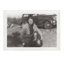 1940s Woman Posing With Turkey Near Car Vintage Snapshot Thanksgiving Photo picture