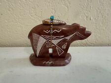 Native American Signed Carved Stone Fetish Bear Figurine w/ Turquoise Stone picture