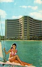 Bikini Girl In Front Of Sheraton Waikiki Hawaii Hotel Vintage Postcard Unposted picture