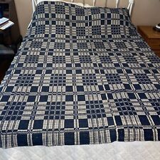 Antique Mid 1800s COVERLET Loom Woven Geometric Navy & Cream picture