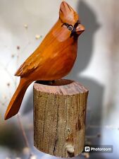 Vintage John Cowden Mid Century Wood Hand Carved Bird Cardinal on Log Stamped picture