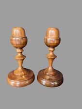 Vintage Pair Of Turned Solid Wood Candle Stick Holders Acorn Tops 6.75” Tall picture