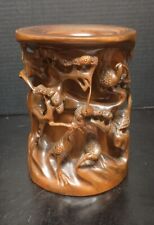 Vtg/Antique Chinese Cranes Pines High Relief Carved Hardwood Vase  picture