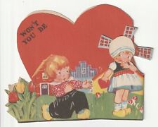 c1950s~Dutch Couple~WONT YOU BE MY VALENTINE Vintage~Unused Table Tent Card picture
