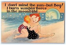 c1930's Sweet Couple Kissing At The Beach Anthropomorphic Moon Vintage Postcard picture