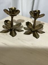 Pair Of Vintage Lotus Flower Brass Candlesticks 3.5”T  picture