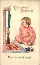 Christmas Girl Children Fire Place Stocking Embossed c1900s-10s Postcard picture