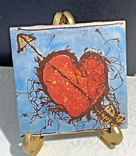 Red Blue Abstract Ceramic Tile Hand Painted Heart Decorative Tile 6 x 6” Mexico picture