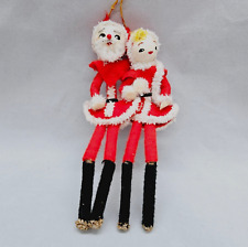 Vintage Mr & Mrs Santa Claus Stockinette Felt Christmas Ornaments Pipe Cleaner picture