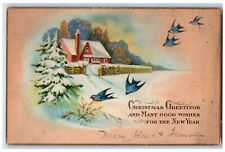 1927 Christmas Greetings Pine Tree Covered Snow Winter Birds Antique Postcard picture