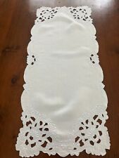 VINTAGE WHITE LINEN TABLE RUNNER W/ PALE BLUE EMBROIDERY & CUT WORK 34