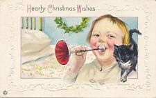 CHRISTMAS - Child and Cat Hearty Christmas Wishes - 1916 picture