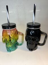 Mason Jar Skull With Straw Drinking Glasses Black and Rainbow Lot Of 2 picture