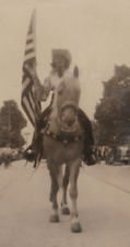 3L Photograph Pretty Cowgirl Street Parade Mounted Horseback American Flag 1940s picture