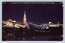 VINTAGE 1939 BY NIGHT THE SAN FRANCISCO WORLDS FAIR GOLDEN GATE CA POSTCARD FH picture