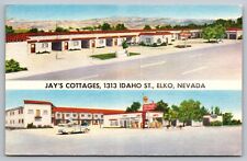 Jay's Cottages Elko Nevada VTG Postcard c1959-Shell Gasoline Station Duel View picture