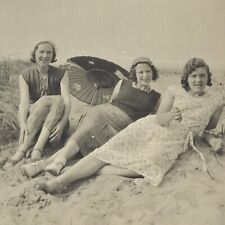 Vintage Photograph  C 1920s 30s Beach Ladys In Sand Parasol Short Hair Holiday  picture