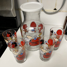 vintage set Snoopy's Kitchen juice jar / carafe with lid and 4 glasses, Peanuts picture