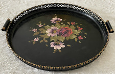 Vtg Hand Painted Round Black Floral Tole Tray Dec-Art Lattice Rim Handles USA picture