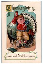 1909 Thanksgiving Turkey Saved Man Curfew Hatchet Embossed Antique Postcard picture