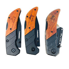 3 Pc Husky Wood Handle, Sporting Hunting Combination Blade, Folding Pocket Knife picture