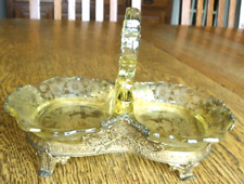 Yellow Cambridge Glass Etched Apple Blossom Ormolu Footed Divided Dish picture
