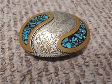 Vintage Belt Buckle German Silver Gold Turquoise Flower Western Style Etched picture