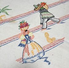 Vintage Multicolored Hand Embroidered Midcentury Mexicana Tablecloth 50”x56” picture