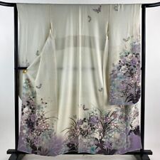 Woman Japanese Kimono Furisode Silk Butterfly Blur Cream picture
