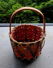 Vintage Hand Woven Red Green Basket Wood Bottom Splint Oak picture