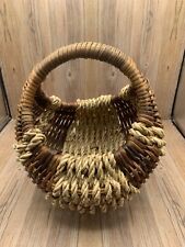 Vtg  1970's Multi Wood Tones Woven Twisted Basket Thick Handle 9 1/2 x 10 inches picture