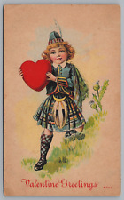 Antique Valentines Day Postcard Young Child Carrying Heart Scottish ? 1910s J3 picture