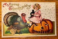 Antique Postcard Thanksgiving JOL Halloween Girl Sitting Pumpkin Black Cat Nice picture