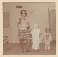 VINTAGE SNAPSHOT: MOM & KIDS IN GHOST & JACK-IN-THE-BOX HALLOWEEN COSTUMES picture